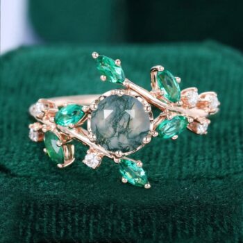 TwigLine Round Cut Moss Agate Nature Themed Promise Ring