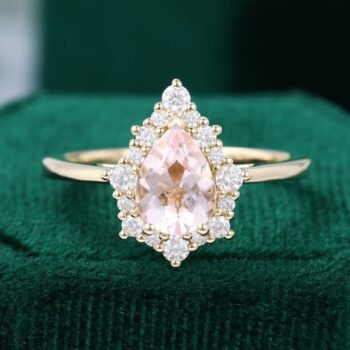 Pear Shaped Pink Morganite Engagement Ring Unique Halo Bridal Ring