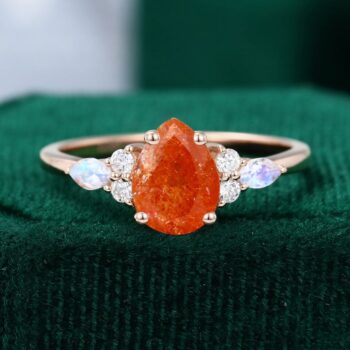 14K Rose Gold Pear Shaped Sunstone and Diamond Engagement Ring