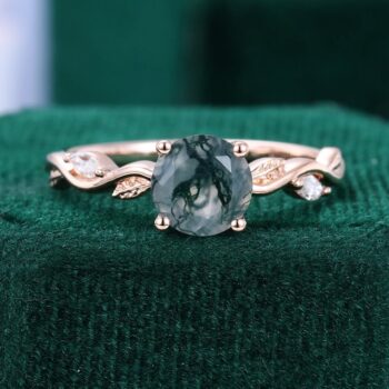 Leafwave Round Cut Moss Agate Nature Inspired Promise Ring