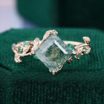 LeafLace | Square Cut Moss Agate Promise Ring with Emerald Accents