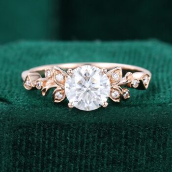 Round Cut Moissanite Engagement Ring Nature Inspired Leaf Bridal Ring