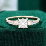 Princess Cut Moissanite Engagement Ring Baguette Moonstone Accents Promise Ring