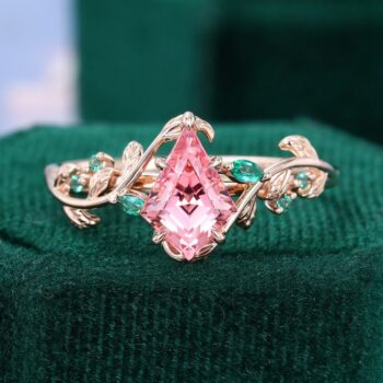 LeafLace | Kite Cut Pink Sapphire Engagement Ring with Emerald Accents