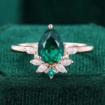 Pear Cut Emerald Engagement Ring Moissanite Cluster Bridal Ring