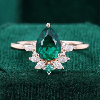 Pear Cut Emerald Engagement Ring Moissanite Cluster Bridal Ring