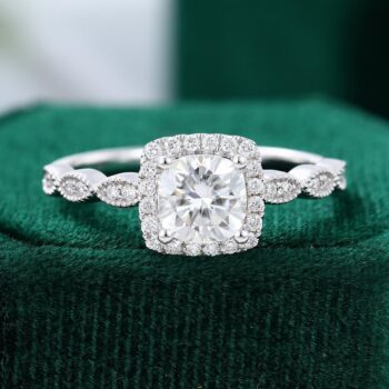 Unique Cushion Cut Moissanite Halo Engagement Ring
